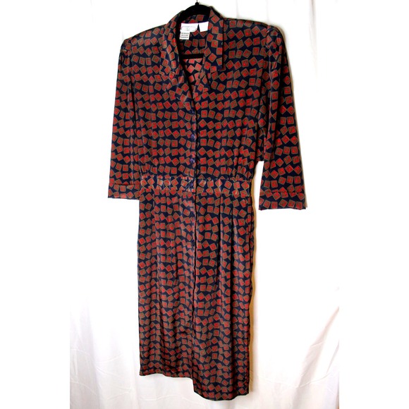 Vintage Liz Roberts midi dress 3/4 Sleeve Button Front Geometric 80s Red Navy - Picture 5 of 12
